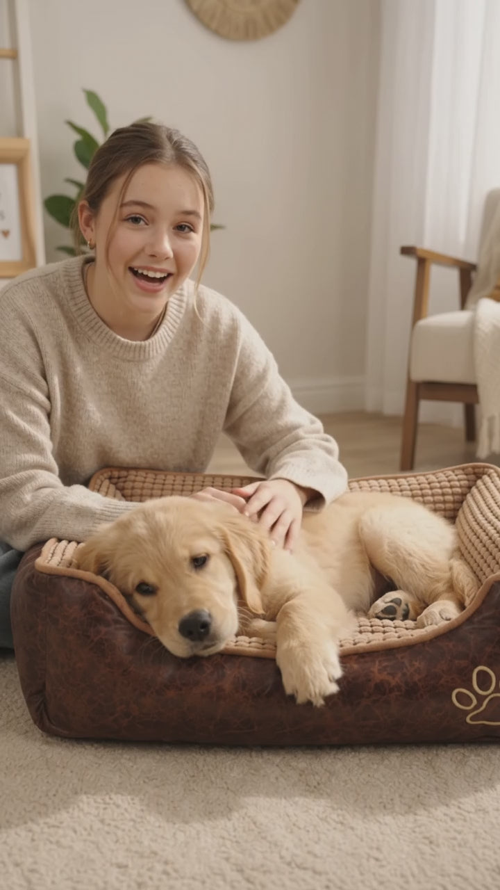 Woman reviewing the Cozy Kennel Bed with Bone & Blanket Set